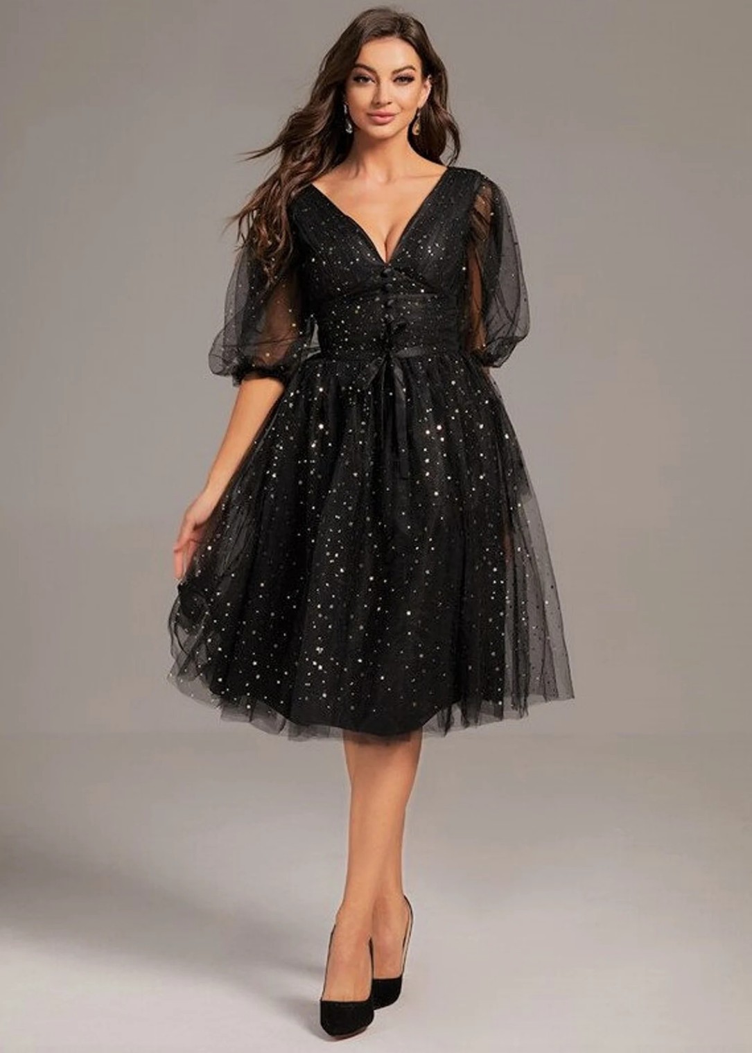 A-line Elbow Sleeves Black Starry Tulle Cinched Waist Party